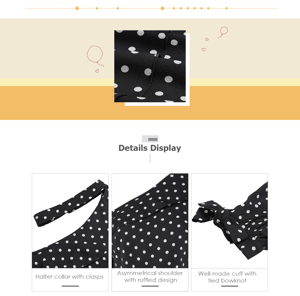 Halter Asymmetrical Shoulder Long Sleeve Tied Bowknot Dotted Women Blouse Halter Asymmetrical Shoulder Long Sleeve Tied Bowknot Dotted Women Blouse
