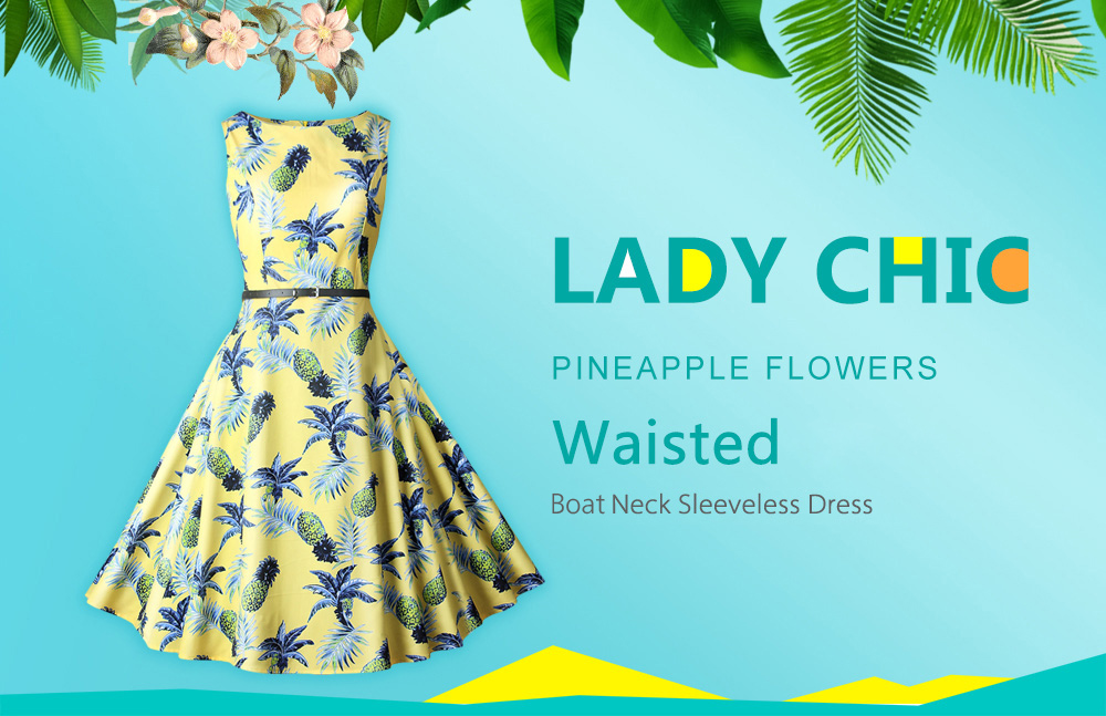 Lady Chic Pineapple Flowers Waisted Boat Neck Sleeveless Dress for Women Lady Chic Pineapple Flowers Waisted Boat Neck Sleeveless Dress for Women
