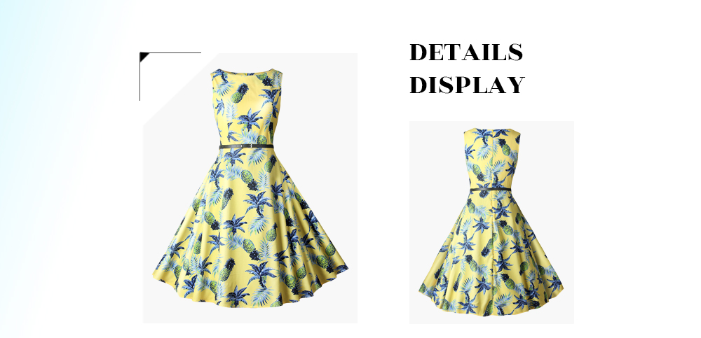 Lady Chic Pineapple Flowers Waisted Boat Neck Sleeveless Dress for Women Lady Chic Pineapple Flowers Waisted Boat Neck Sleeveless Dress for Women
