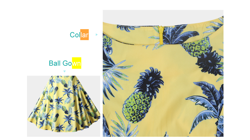Lady Chic Pineapple Flowers Waisted Boat Neck Sleeveless Dress for Women Lady Chic Pineapple Flowers Waisted Boat Neck Sleeveless Dress for Women