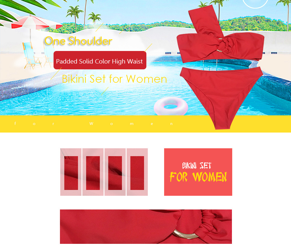 One Shoulder Padded Solid Color High Waist Women Bikini Set