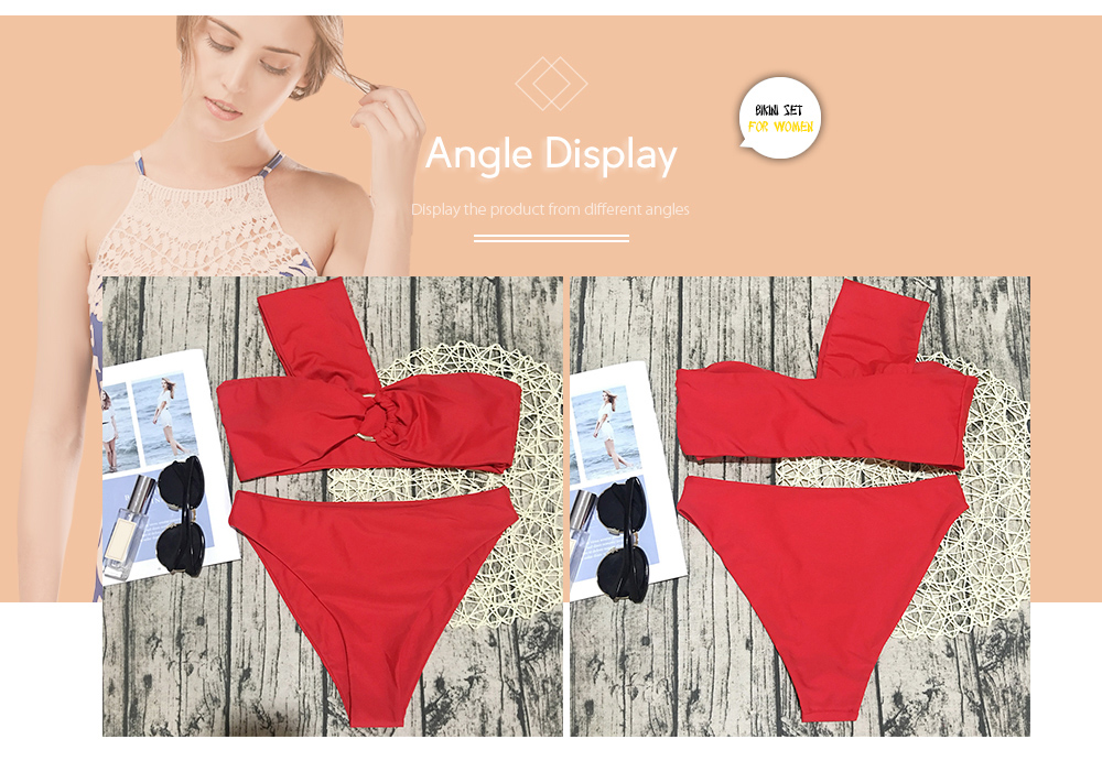 One Shoulder Padded Solid Color High Waist Women Bikini Set