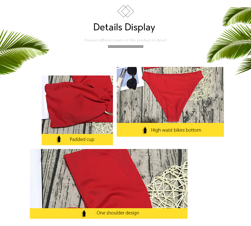 One Shoulder Padded Solid Color High Waist Women Bikini Set