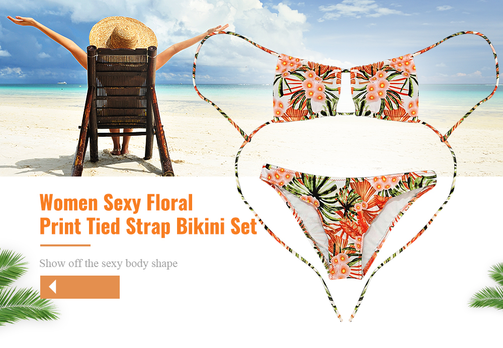 Women Sexy Floral Print Tied Strap Backless Two-piece Swimwear Bikini Set 