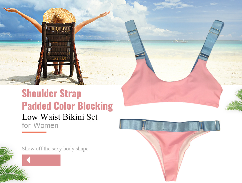 Shoulder Strap Padded Color Blocking Low Waist Women Bikini Set