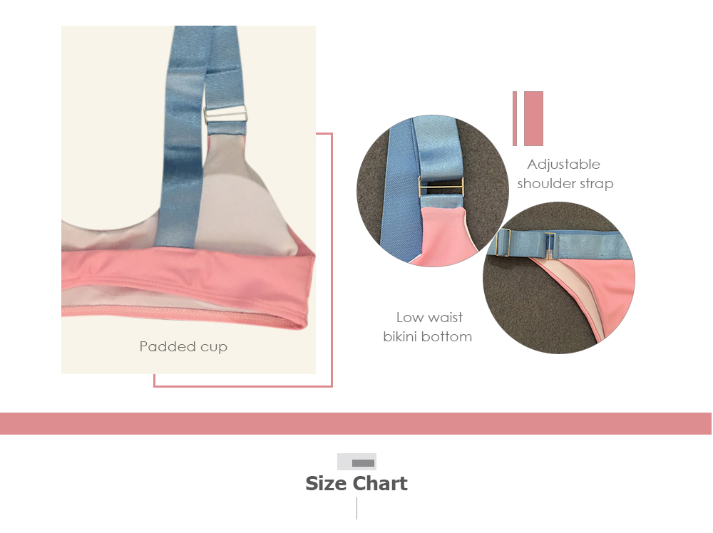 Shoulder Strap Padded Color Blocking Low Waist Women Bikini Set