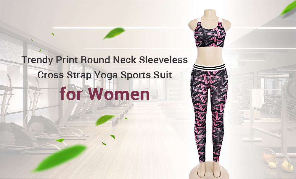 Trendy Print Round Neck Sleeveless Cross Strap Two-piece Women Yoga Sports Suit