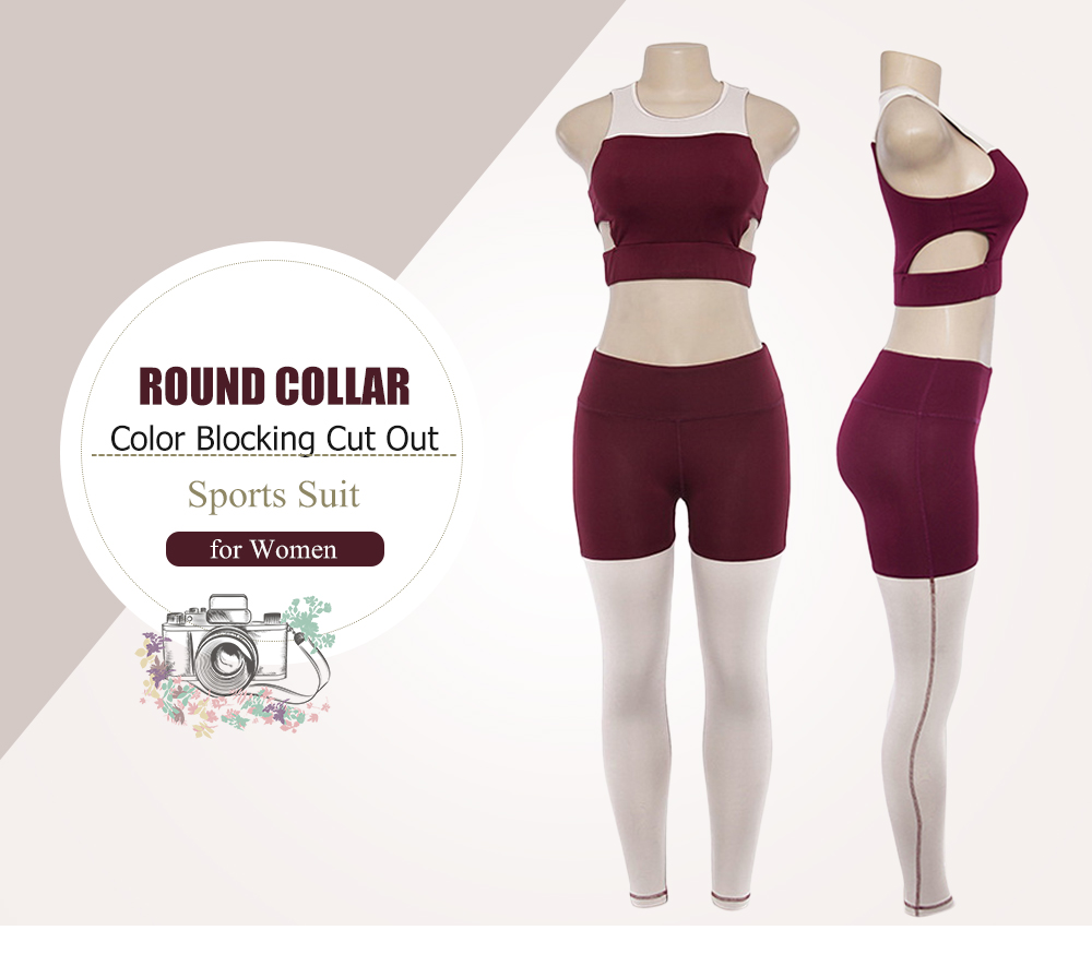 Round Collar Sleeveless Color Blocking Cut Out Yoga Women Sports Suit