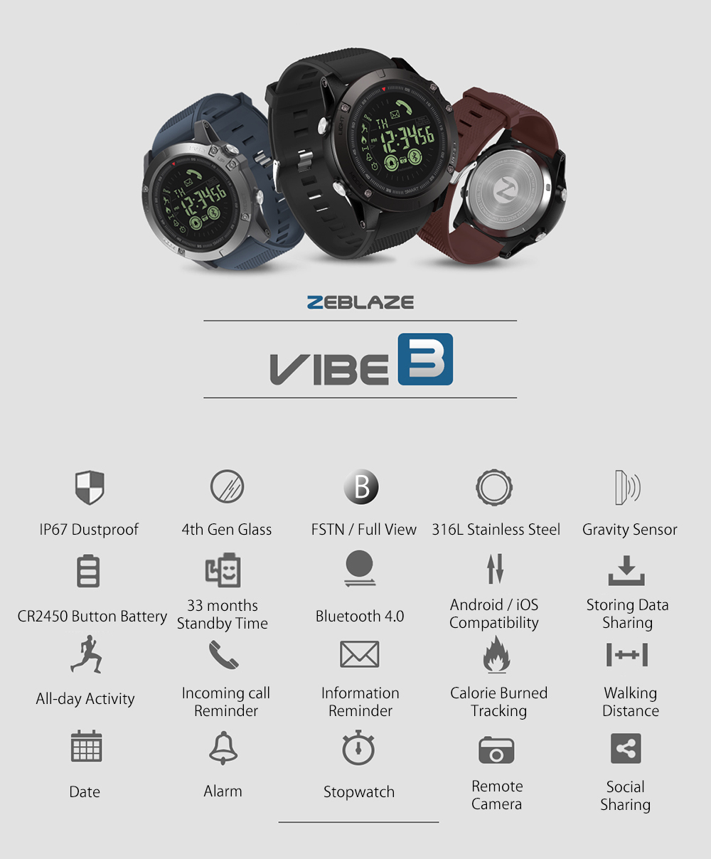 Zeblaze VIBE 3 Smart Watch Luminous Dial Low Battery Remind Moments Share Wristband 