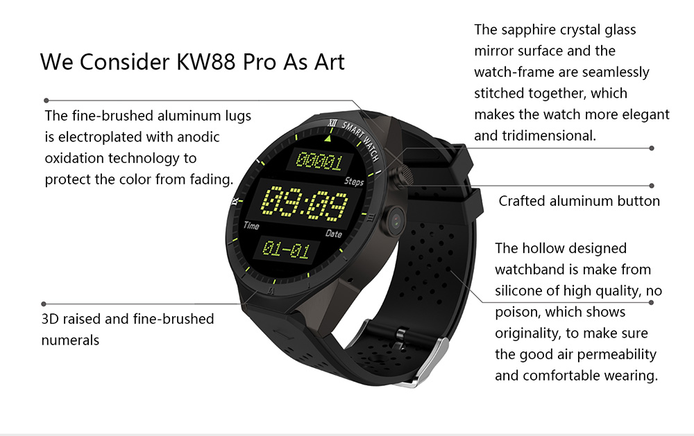 KingWear KW88 Pro 3G Smartwatch Phone 1.39 inch Android 7.0 MTK6580 Quad Core 1.3GHz 1GB RAM 16GB ROM Sedentary Reminder Bluetooth 4.0 350mAh Built-in KingWear KW88 Pro 3G Smartwatch Phone 1.39 inch Android 7.0 MTK6580 Quad Core 1.3GHz 1GB RAM 16GB ROM Sedentary Reminder Bluetooth 4.0 350mAh Built-in