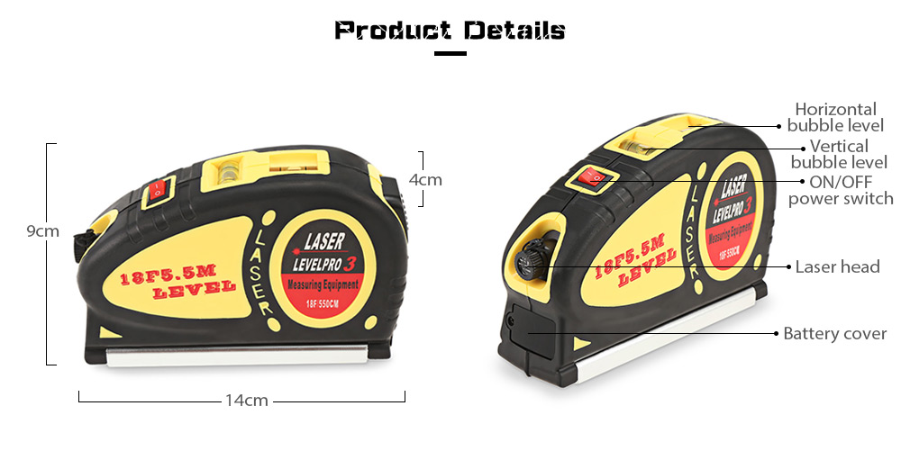 Multipurpose Laser Level Measuring 5.5m Standard and Metric Tape Ruler Tool Multipurpose Laser Level Measuring 5.5m Standard and Metric Tape Ruler Tool