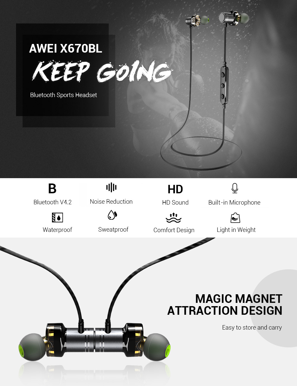 Awei X670BL Dual Drivers Magnetic IPX4 Wireless Bluetooth Earbuds Earphone Awei X670BL Dual Drivers Magnetic IPX4 Wireless Bluetooth Earbuds Earphone