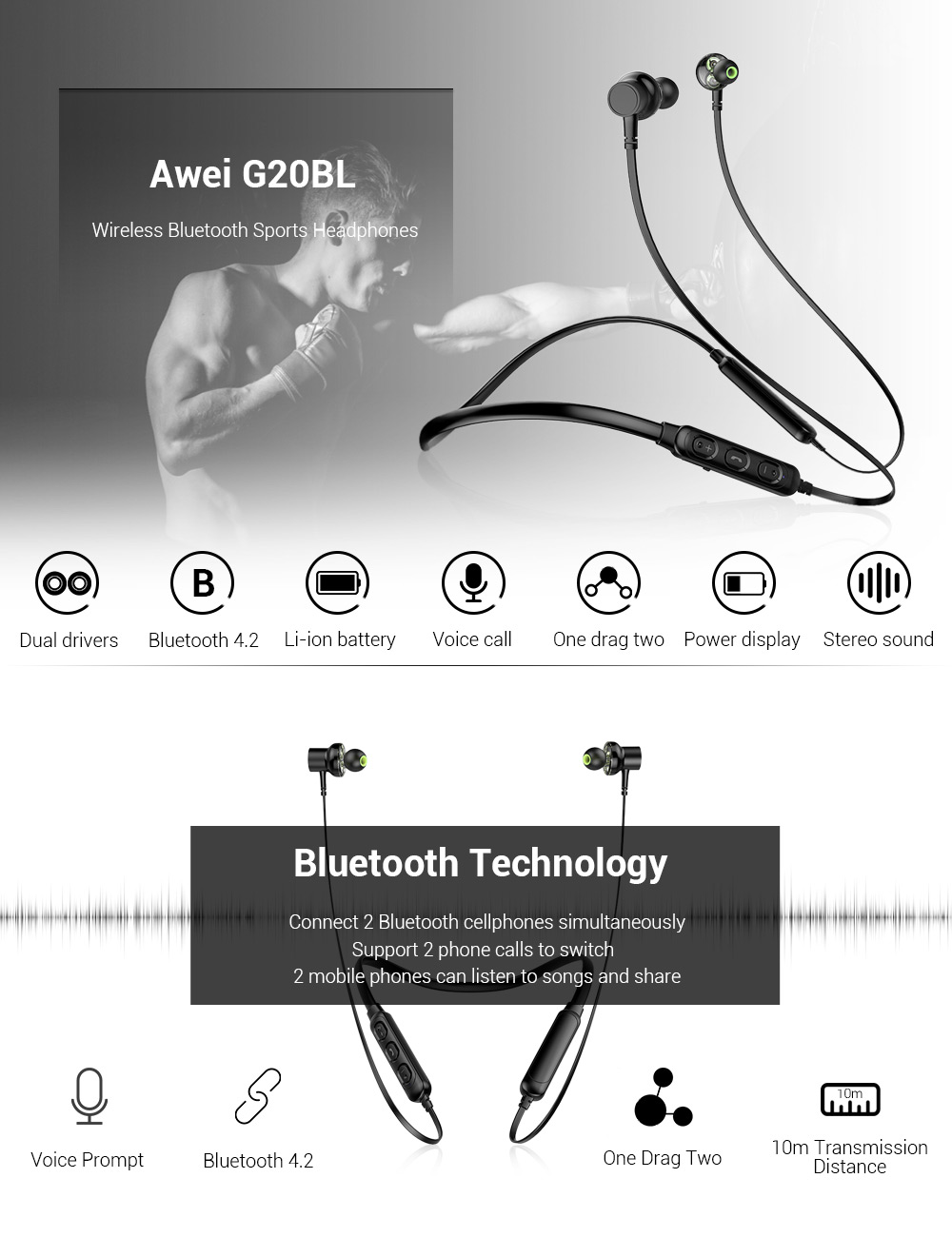 Awei G20BL Dual Drivers Wireless Bluetooth Headphones Neckband Sport Earbuds