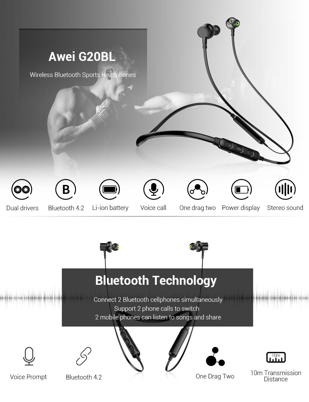 Awei G20BL Dual Drivers Wireless Bluetooth Headphones Neckband Sport Earbuds Awei G20BL Dual Drivers Wireless Bluetooth Headphones Neckband Sport Earbuds