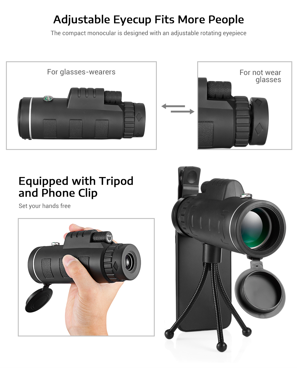 Beileshi 40x60 Monocular Handheld Telescope with Phone Clip and Tripod Beileshi 40x60 Monocular Handheld Telescope with Phone Clip and Tripod