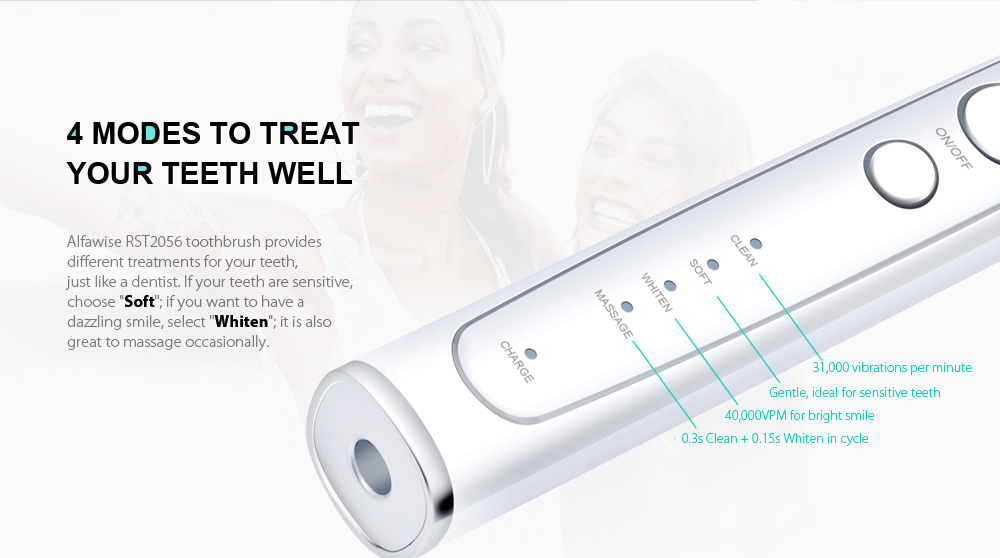 Alfawise RST2056 Sonic Electric Toothbrush Intelligent 2-min Timing with 3 Brush Heads Alfawise RST2056 Sonic Electric Toothbrush Intelligent 2-min Timing with 3 Brush Heads