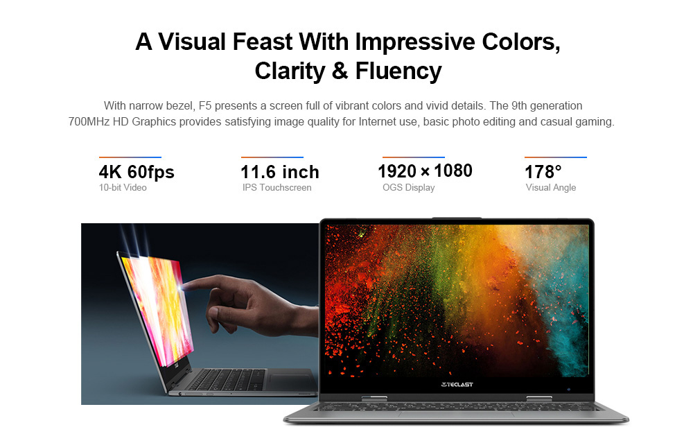 Teclast F5 Laptop 11.6 inch 360 Degree Rotating Touch Screen Quad Core 128GB