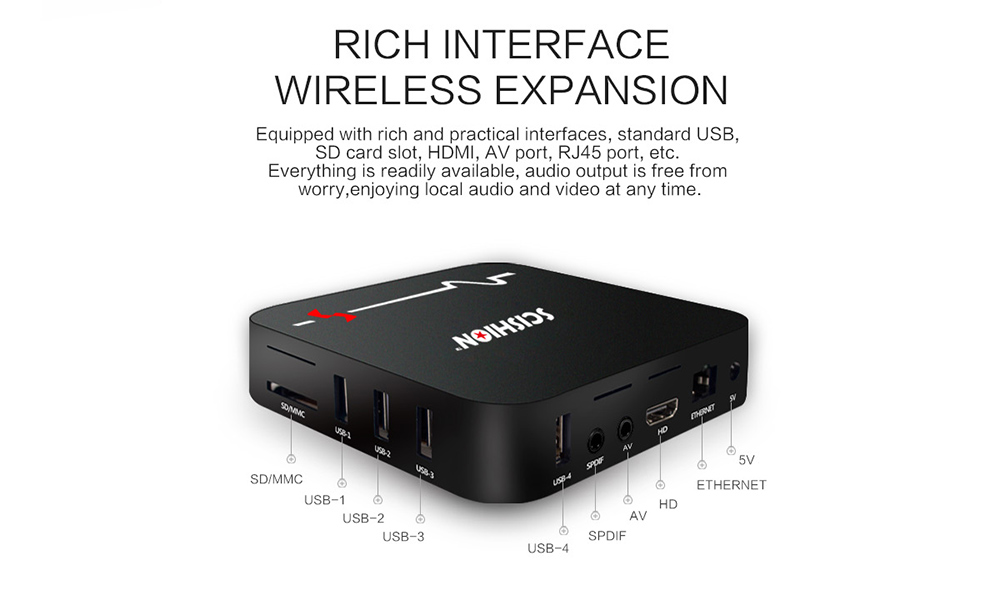 SCISHION Model S Voice Remote TV Box RK3229 Android 8.1 2GB RAM + 16GB ROM 2.4G WiFi 100Mbps Support 4K H.265 SCISHION Model S Voice Remote TV Box RK3229 Android 8.1 2GB RAM + 16GB ROM 2.4G WiFi 100Mbps Support 4K H.265