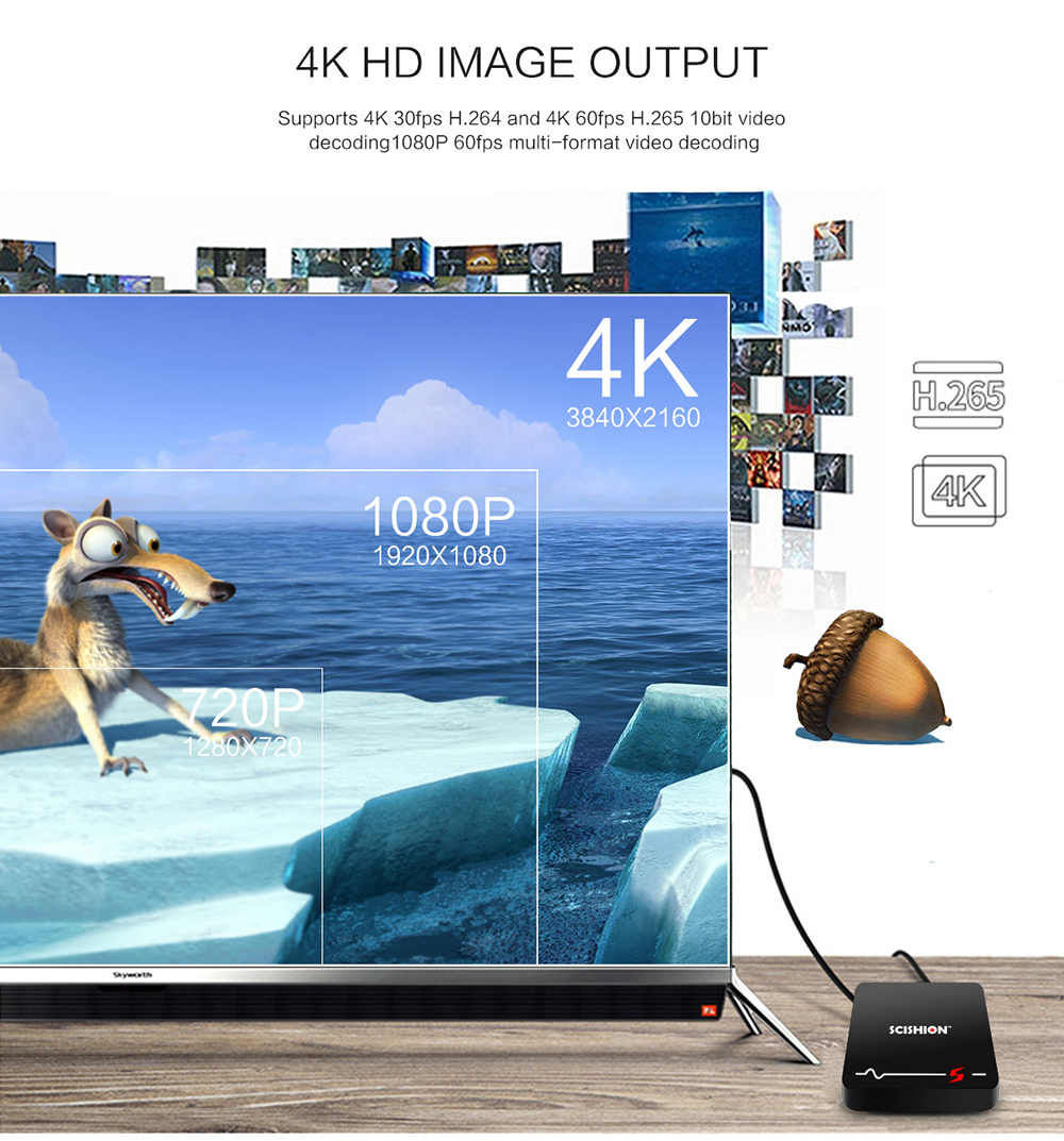 SCISHION Model S Voice Remote TV Box RK3229 Android 8.1 2GB RAM + 16GB ROM 2.4G WiFi 100Mbps Support 4K H.265 SCISHION Model S Voice Remote TV Box RK3229 Android 8.1 2GB RAM + 16GB ROM 2.4G WiFi 100Mbps Support 4K H.265