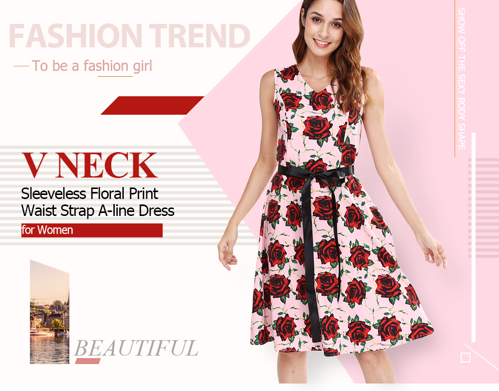 V Neck Sleeveless Floral Print Waist Strap A-line Women Vintage Dress V Neck Sleeveless Floral Print Waist Strap A-line Women Vintage Dress