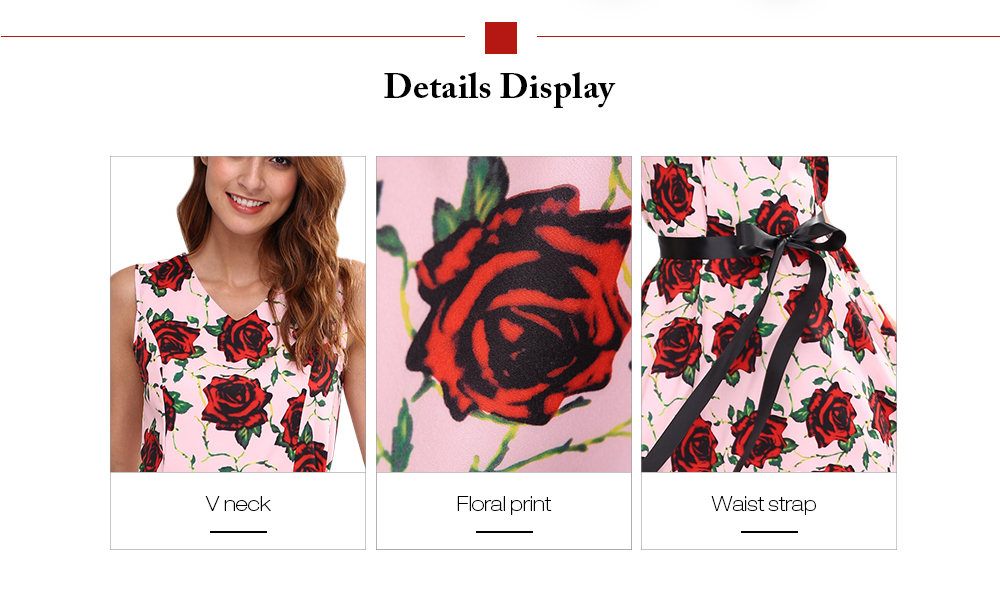 V Neck Sleeveless Floral Print Waist Strap A-line Women Vintage Dress V Neck Sleeveless Floral Print Waist Strap A-line Women Vintage Dress