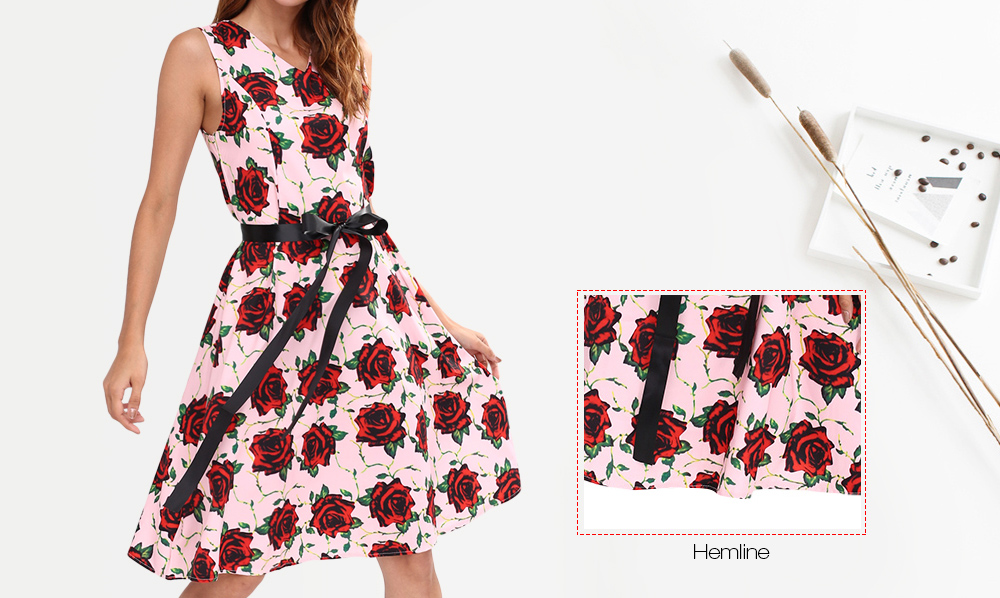 V Neck Sleeveless Floral Print Waist Strap A-line Women Vintage Dress V Neck Sleeveless Floral Print Waist Strap A-line Women Vintage Dress