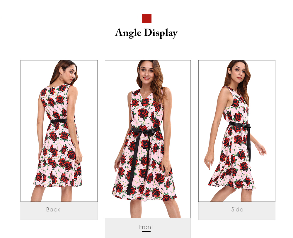 V Neck Sleeveless Floral Print Waist Strap A-line Women Vintage Dress V Neck Sleeveless Floral Print Waist Strap A-line Women Vintage Dress