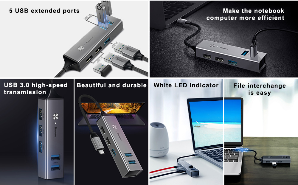 Baseus Cube Type-C to USB 3.0 + USB 2.0 HUB Adapter Portable 5 Ports Baseus Cube Type-C to USB 3.0 + USB 2.0 HUB Adapter Portable 5 Ports