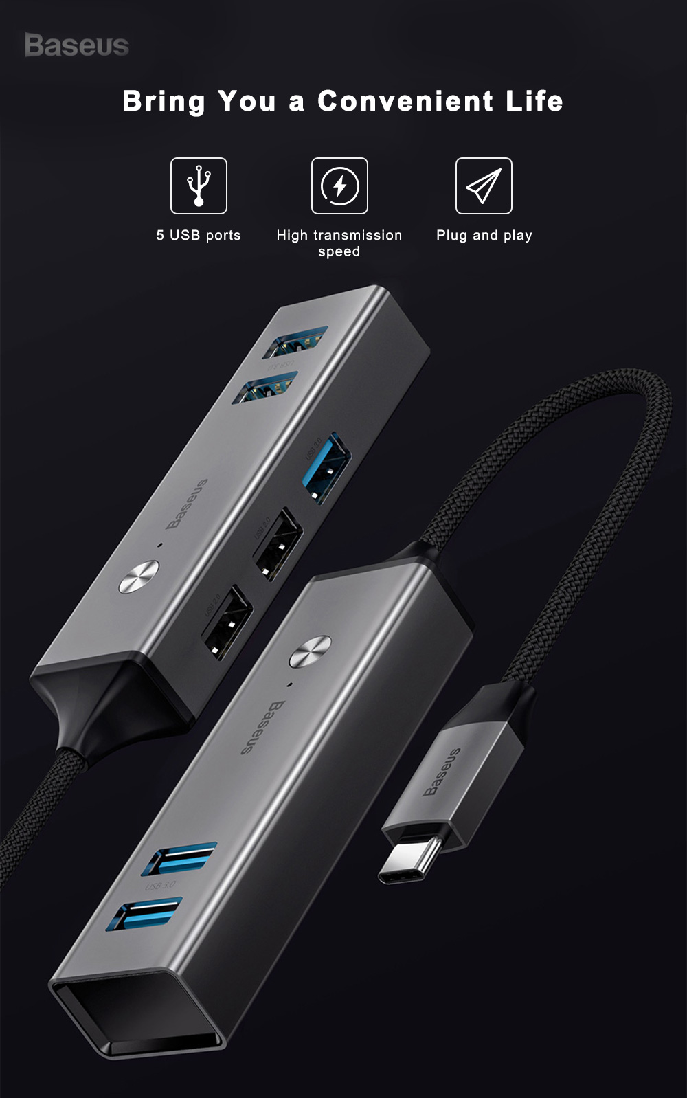Baseus Cube Type-C to USB 3.0 + USB 2.0 HUB Adapter Portable 5 Ports Baseus Cube Type-C to USB 3.0 + USB 2.0 HUB Adapter Portable 5 Ports