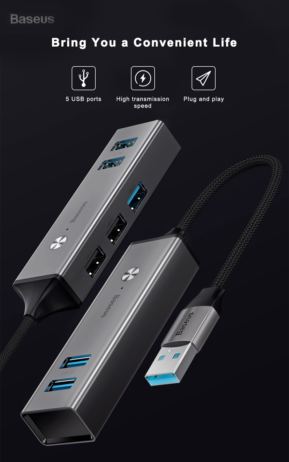 Baseus Cube USB to USB 3.0 + USB 2.0 HUB Adapter Portable 5 Ports Baseus Cube USB to USB 3.0 + USB 2.0 HUB Adapter Portable 5 Ports