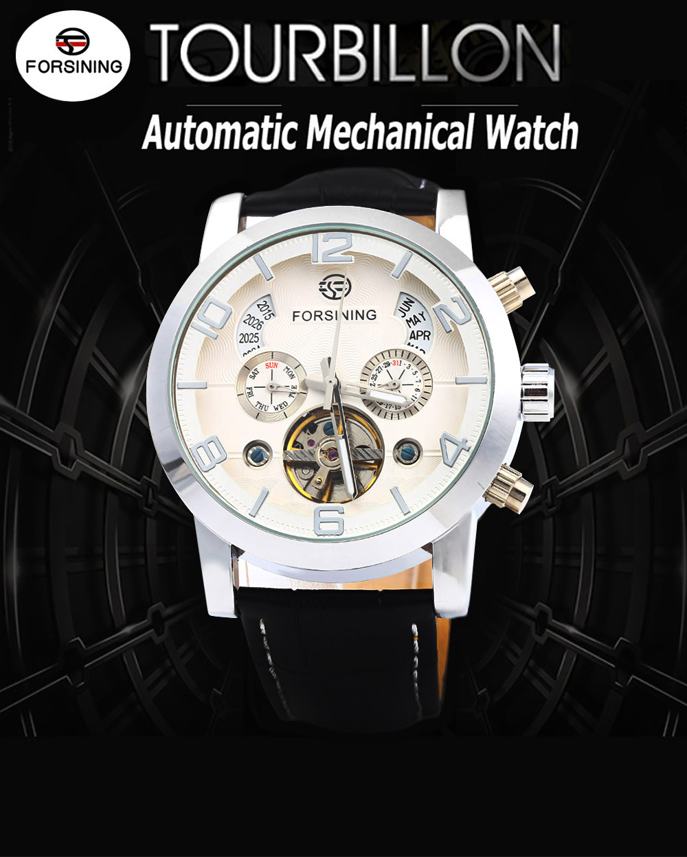 Forsining A165 Men Tourbillon Automatic Mechanical Watch Leather Strap Date Week Month Year Display