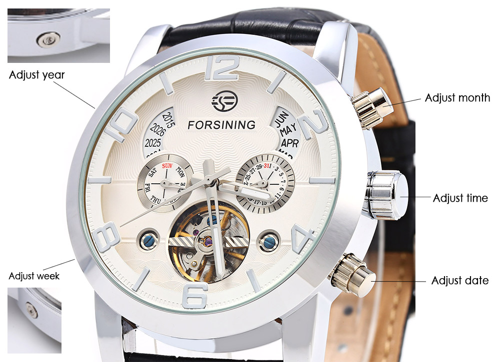 Forsining A165 Men Tourbillon Automatic Mechanical Watch Leather Strap Date Week Month Year Display
