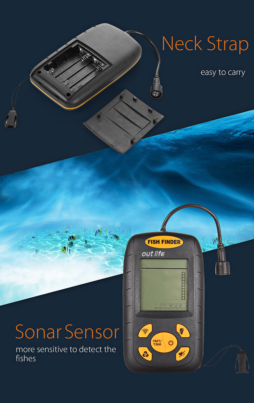 Outlife XF-01 Portable Sonar LCD Fish Finder Wire Alarm 100M Outlife XF-01 Portable Sonar LCD Fish Finder Wire Alarm 100M