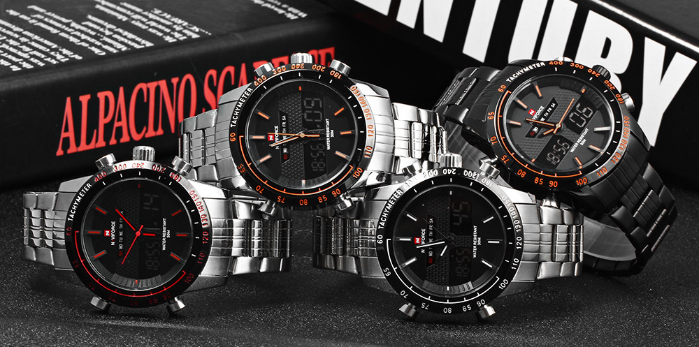 NAVIFORCE NF9024 Dual Movt Men Quartz Watch Analog Digital LED Wristwatch Calendar Watches Stainless Steel Strap NAVIFORCE NF9024 Dual Movt Men Quartz Watch Analog Digital LED Wristwatch Calendar Watches Stainless Steel Strap