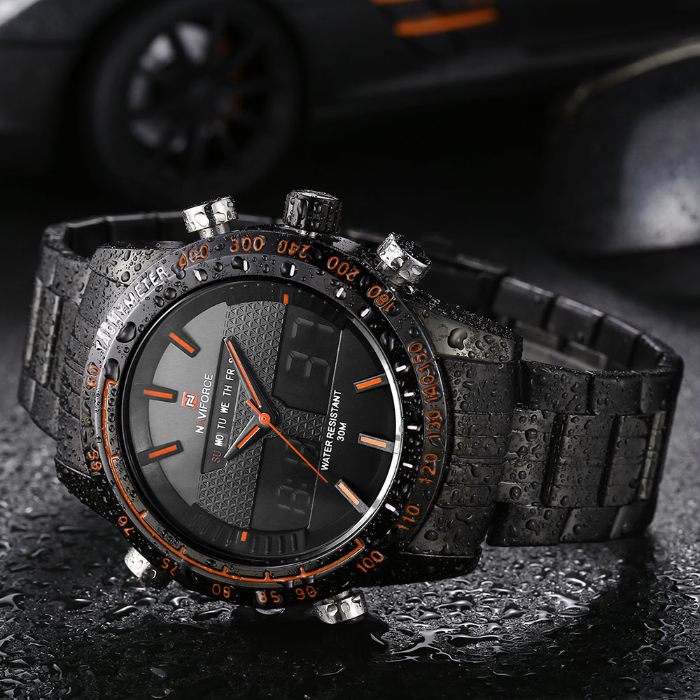 NAVIFORCE NF9024 Dual Movt Men Quartz Watch Analog Digital LED Wristwatch Calendar Watches Stainless Steel Strap NAVIFORCE NF9024 Dual Movt Men Quartz Watch Analog Digital LED Wristwatch Calendar Watches Stainless Steel Strap