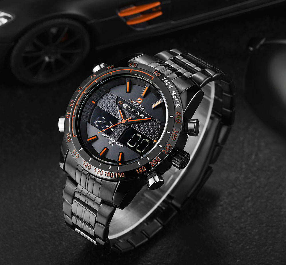 NAVIFORCE NF9024 Dual Movt Men Quartz Watch Analog Digital LED Wristwatch Calendar Watches Stainless Steel Strap NAVIFORCE NF9024 Dual Movt Men Quartz Watch Analog Digital LED Wristwatch Calendar Watches Stainless Steel Strap