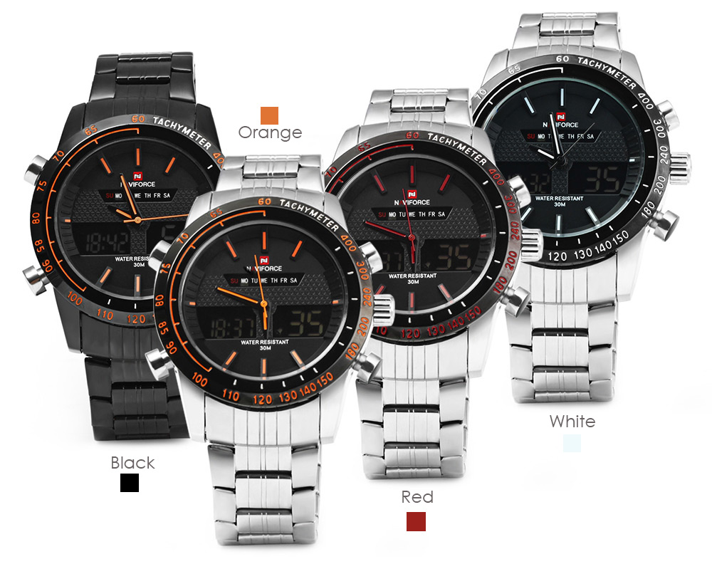 NAVIFORCE NF9024 Dual Movt Men Quartz Watch Analog Digital LED Wristwatch Calendar Watches Stainless Steel Strap NAVIFORCE NF9024 Dual Movt Men Quartz Watch Analog Digital LED Wristwatch Calendar Watches Stainless Steel Strap