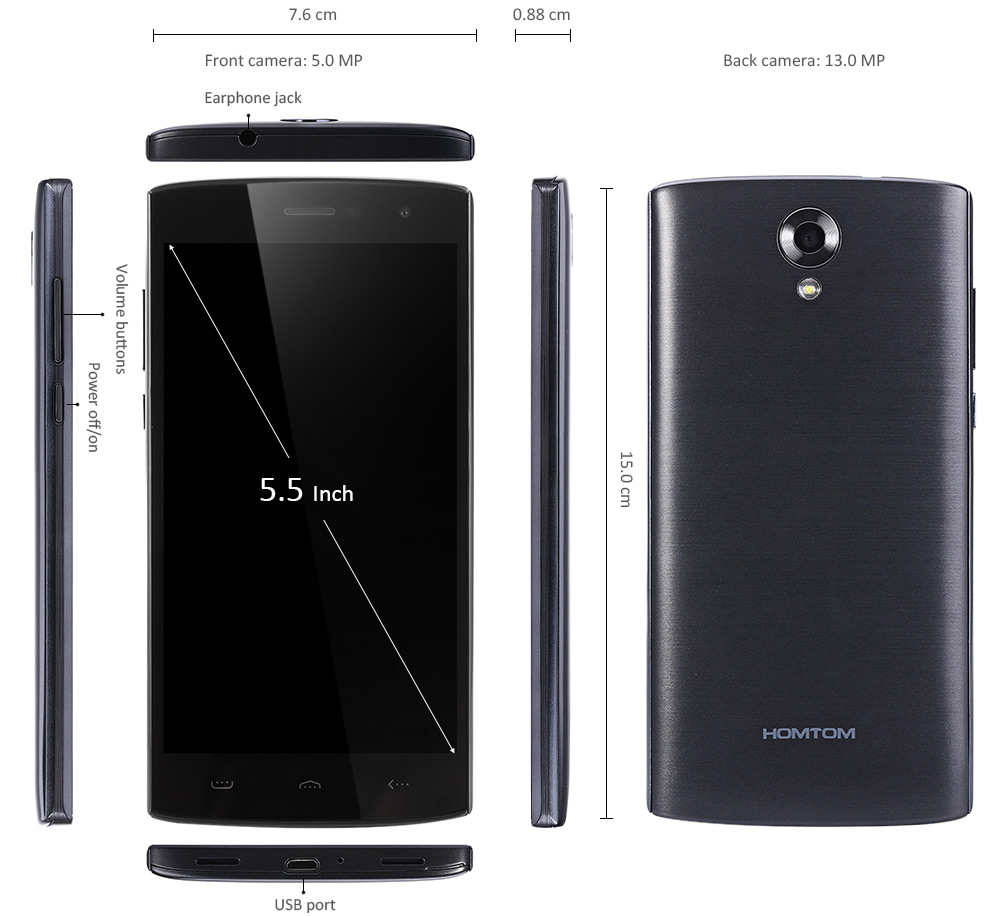 HOMTOM HT7 Pro 5.5 inch 4G Phablet Android 5.1 MTK6735 64bit Quad Core 1.0GHz 2GB RAM 16GB ROM IPS HD Screen OTA GPS Cameras