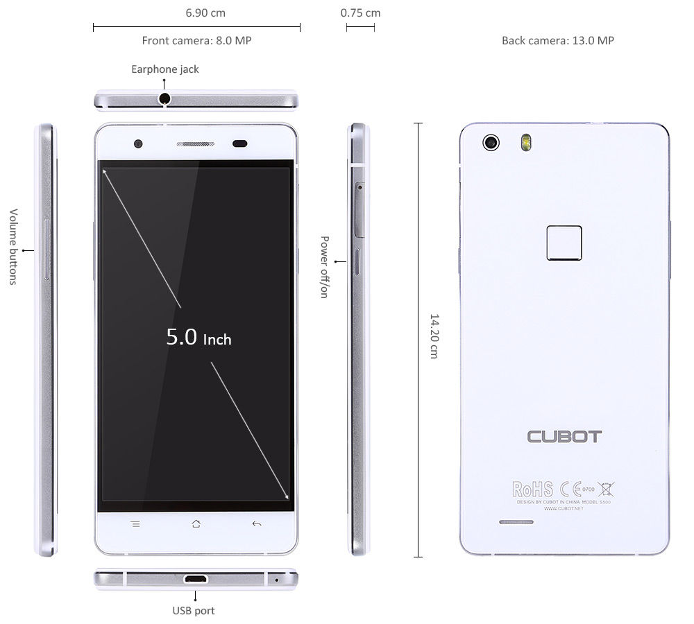 Cubot S500 Android 5.1 4G LTE Smartphone 5.0 inch HD Screen MTK6735 64bit Quad Core 1.3GHz Fingerprint ID 2GB RAM 16GB ROM GPS Cameras