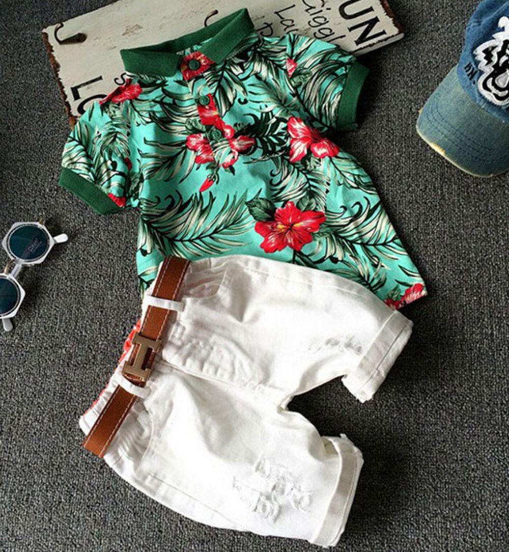 2pcs Casual Turn Down Collar Short Sleeve Boys T-Shirt with Hole Half Pants