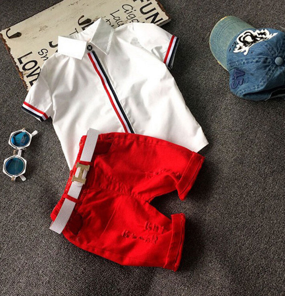 2pcs Casual Turn Down Collar Short Sleeve Boys T-Shirt with Hole Half Pants