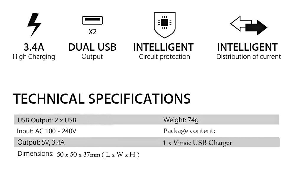 VINSIC VSCW207 Wall Charger Dual USB Output Charging Adapter VINSIC VSCW207 Wall Charger Dual USB Output Charging Adapter