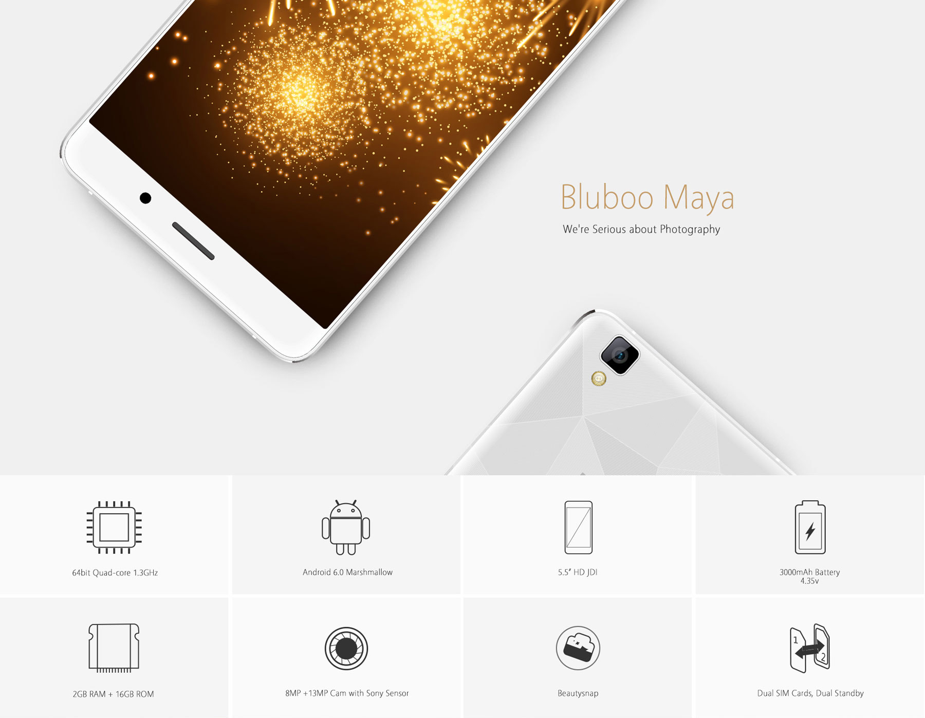 Bluboo Maya Android 6.0 5.5 inch HD Screen 3G Phablet MTK6580 Quad Core 1.3GHz 2GB RAM 16GB ROM Gravity Sensor