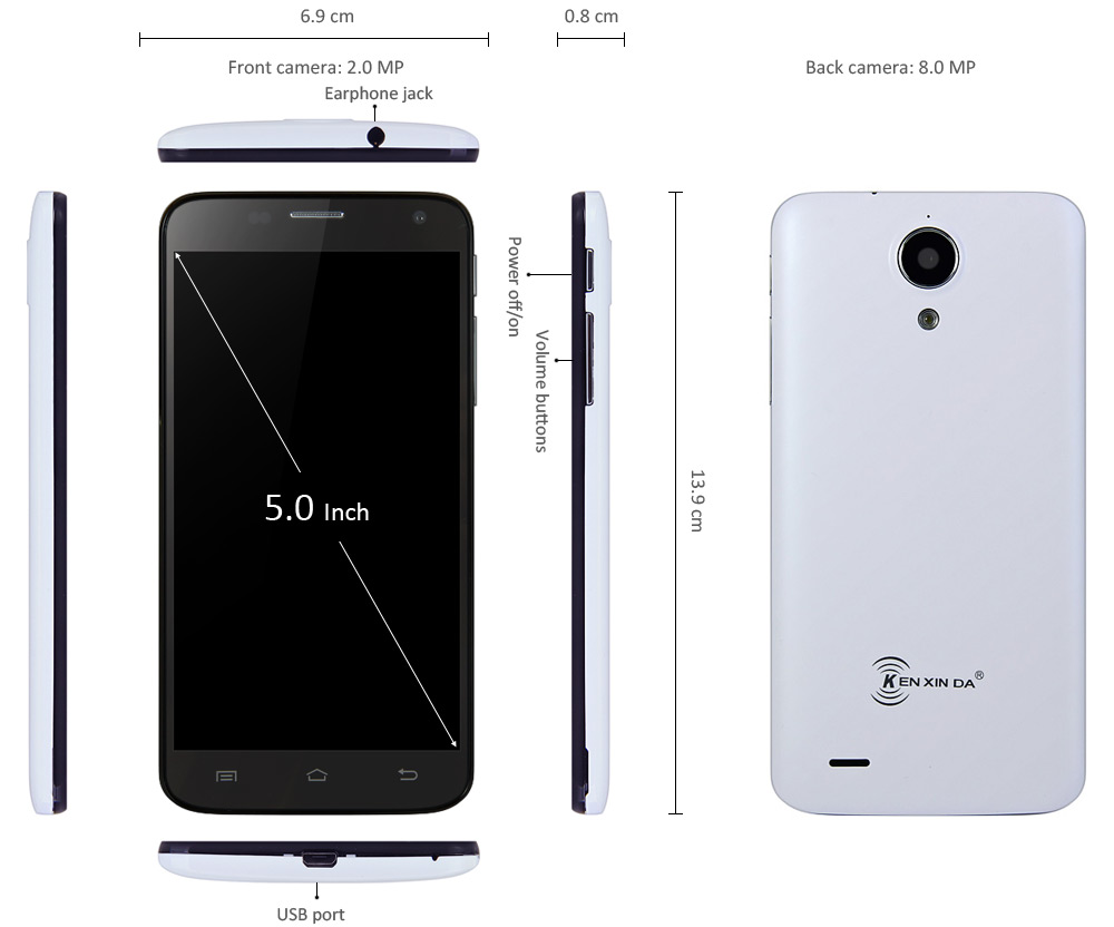 5.0 inch Ken Xin Da A6 Android 4.4 3G Smartphone MTK6582 Quad Core 1.3GHz 1GB RAM 8GB ROM Dual Cameras GPS WiFi