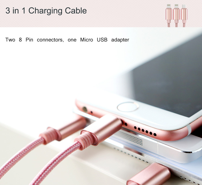Rock RCB0436 1.2m USB Charging Cable with Dual 8 Pin Adapters + Micro USB Connector Nylon Braided Cord Rock RCB0436 1.2m USB Charging Cable with Dual 8 Pin Adapters + Micro USB Connector Nylon Braided Cord