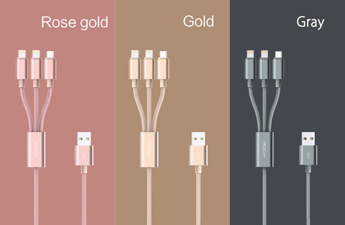 Rock RCB0436 1.2m USB Charging Cable with Dual 8 Pin Adapters + Micro USB Connector Nylon Braided Cord Rock RCB0436 1.2m USB Charging Cable with Dual 8 Pin Adapters + Micro USB Connector Nylon Braided Cord