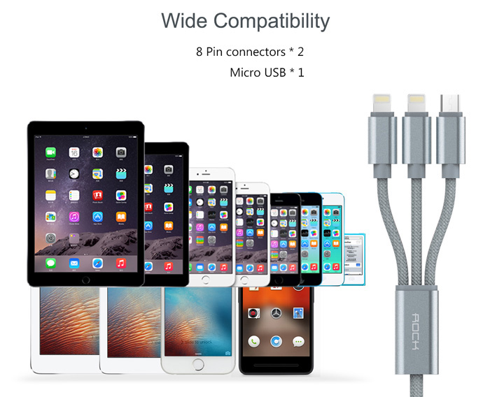 Rock RCB0436 1.2m USB Charging Cable with Dual 8 Pin Adapters + Micro USB Connector Nylon Braided Cord Rock RCB0436 1.2m USB Charging Cable with Dual 8 Pin Adapters + Micro USB Connector Nylon Braided Cord