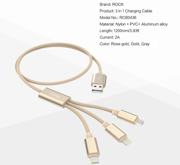 Rock RCB0436 1.2m USB Charging Cable with Dual 8 Pin Adapters + Micro USB Connector Nylon Braided Cord Rock RCB0436 1.2m USB Charging Cable with Dual 8 Pin Adapters + Micro USB Connector Nylon Braided Cord