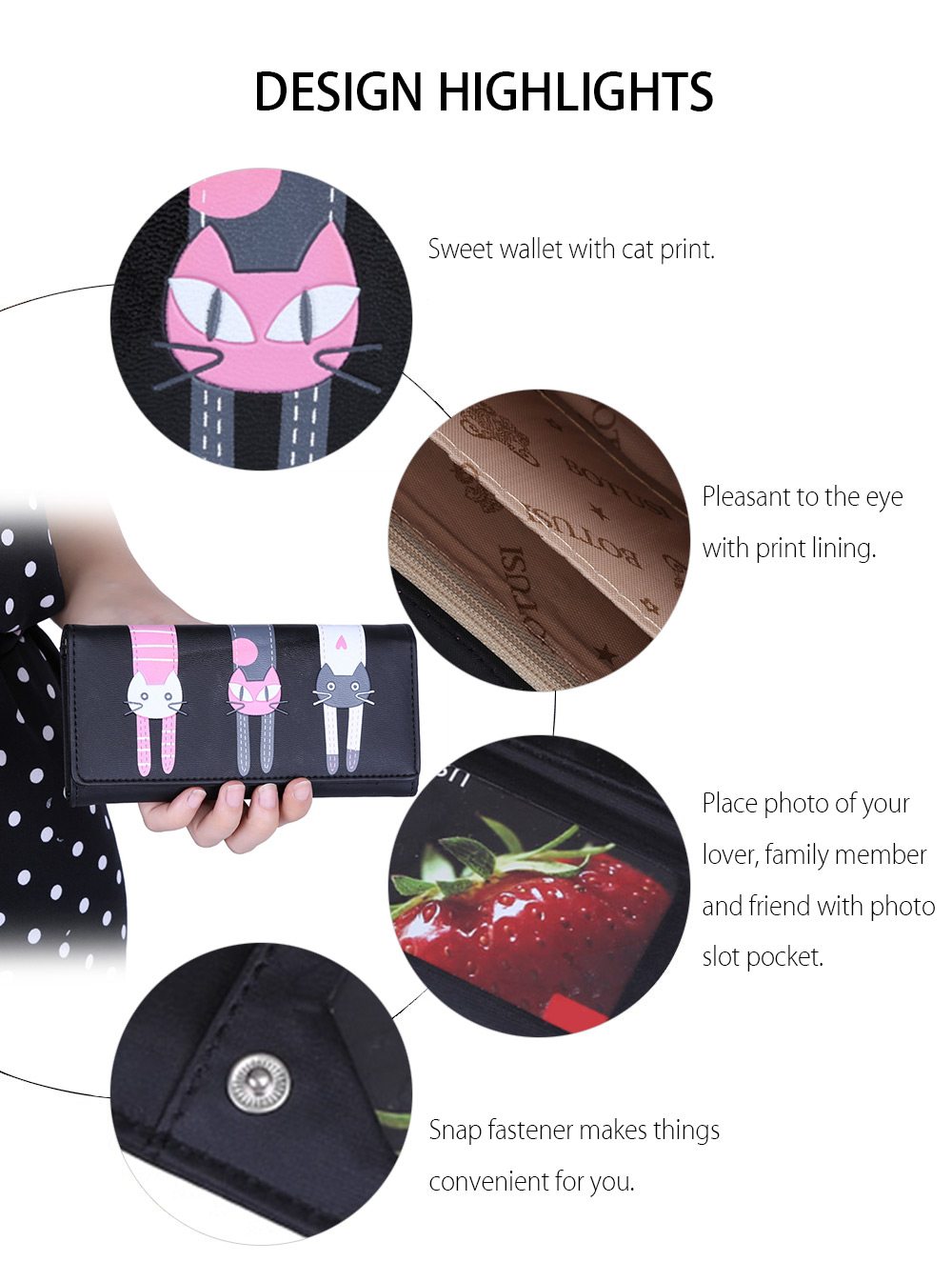 Guapabien Cute Cat Snap Fastener Long Horizontal Wallet for Girl