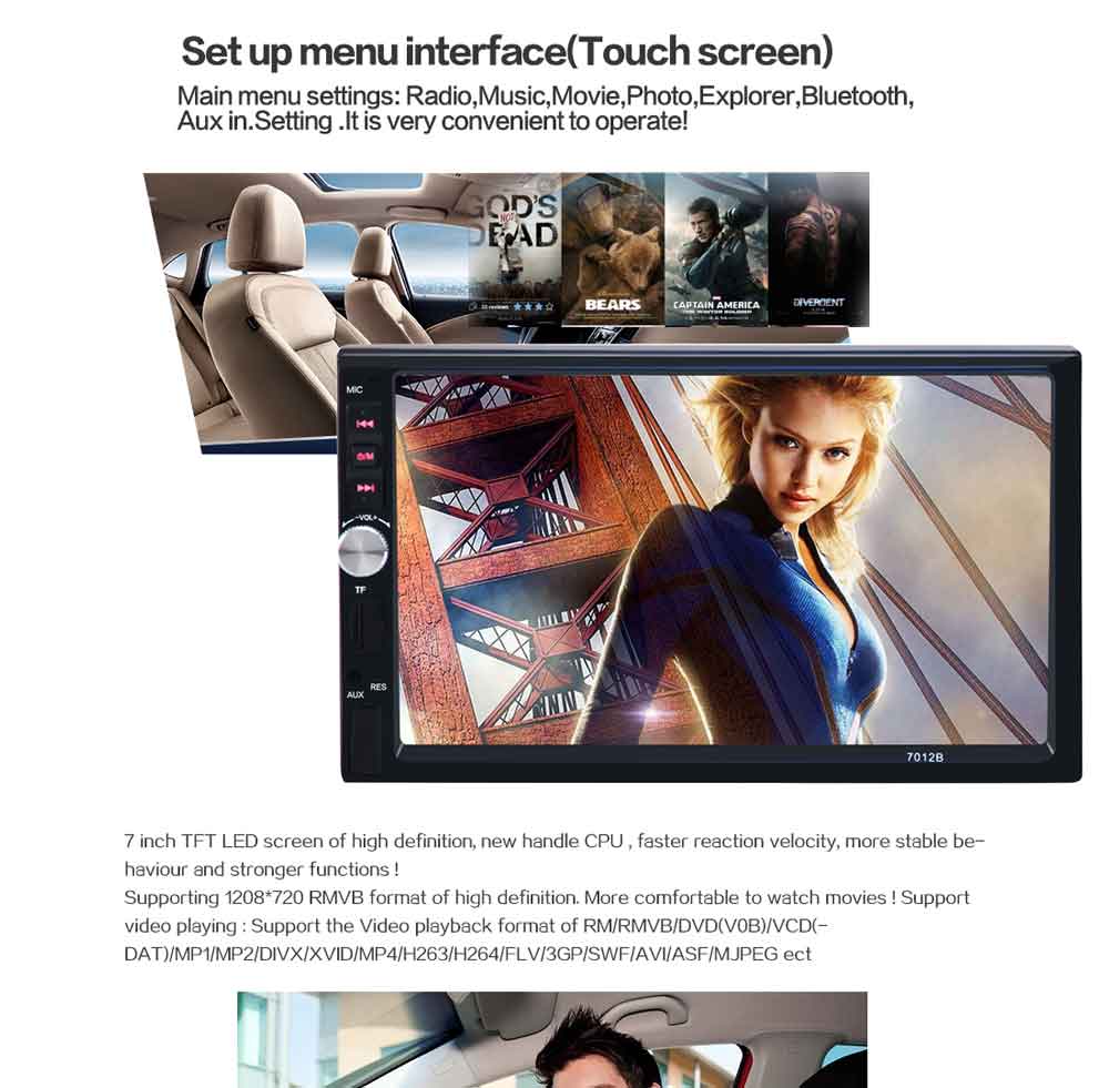 7012B 7 Inch Bluetooth V2.0 Car Audio Stereo MP5 Player 12V Auto Video Support AUX FM USB Remote Control